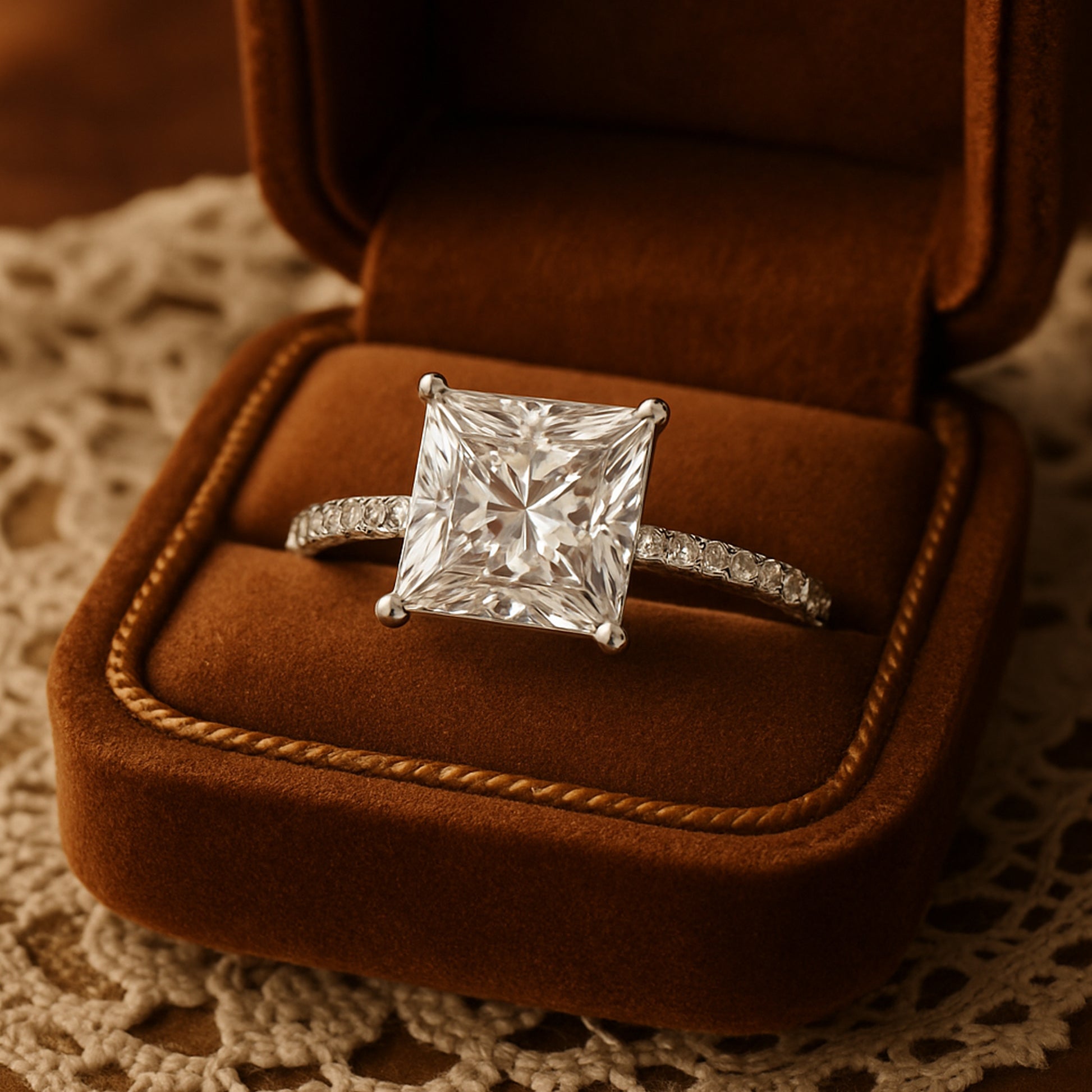 Birthstone August Born Princess Cut Diamond Engagement Rings Pavé Band