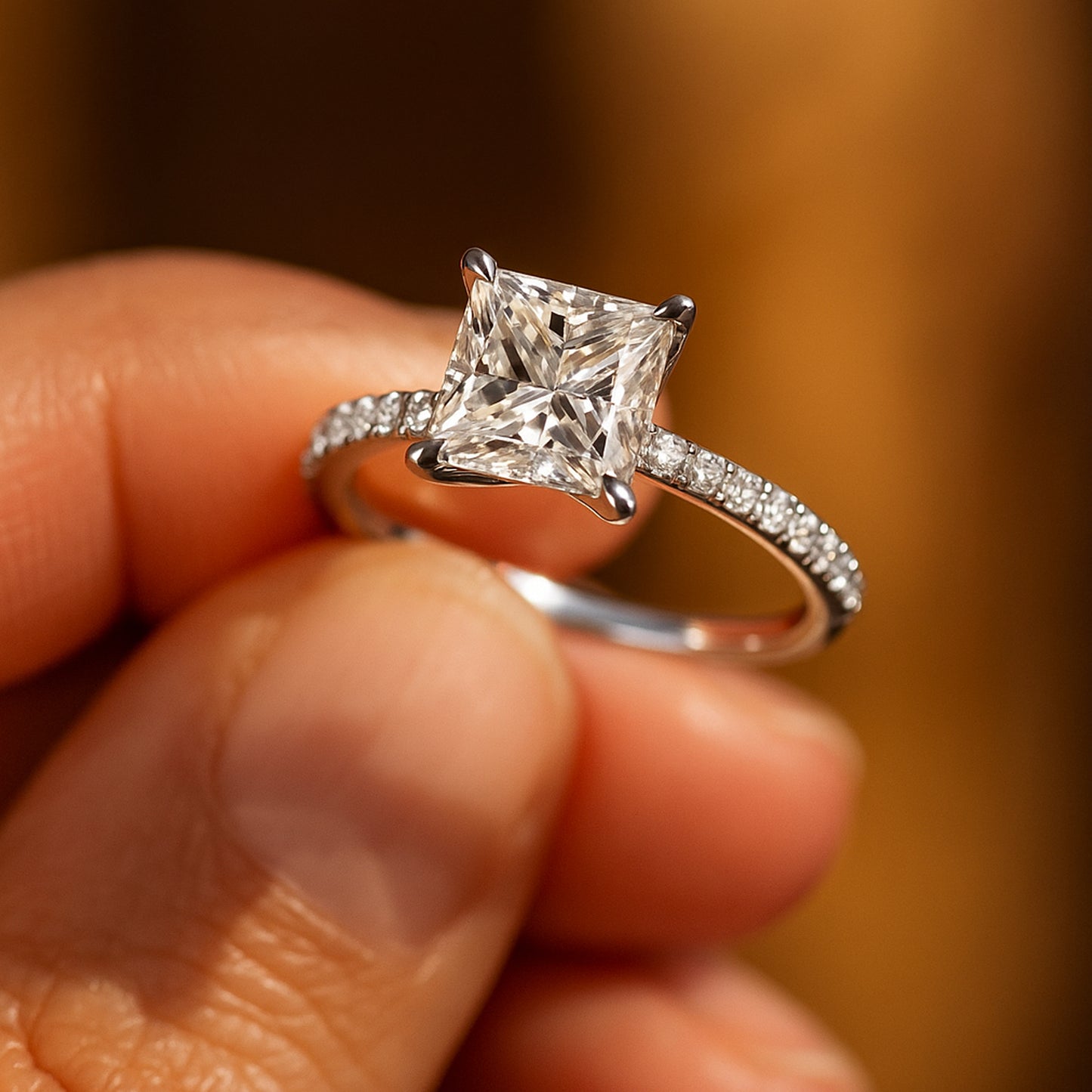 Birthstone August Born Princess Cut Diamond Engagement Rings Pavé Band