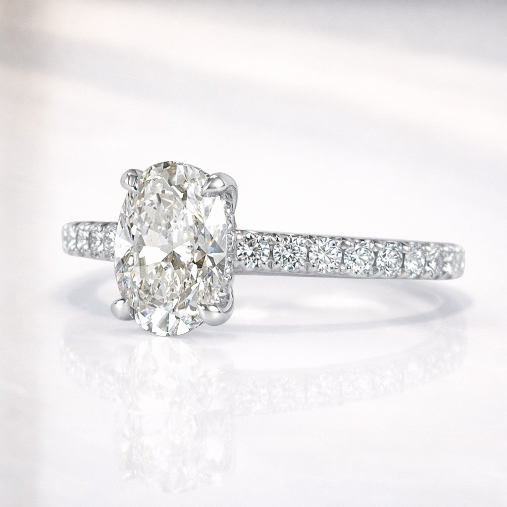 Oval Cut Engagement Ring With Hidden Halo In White Gold Diamond Or Moissanite
