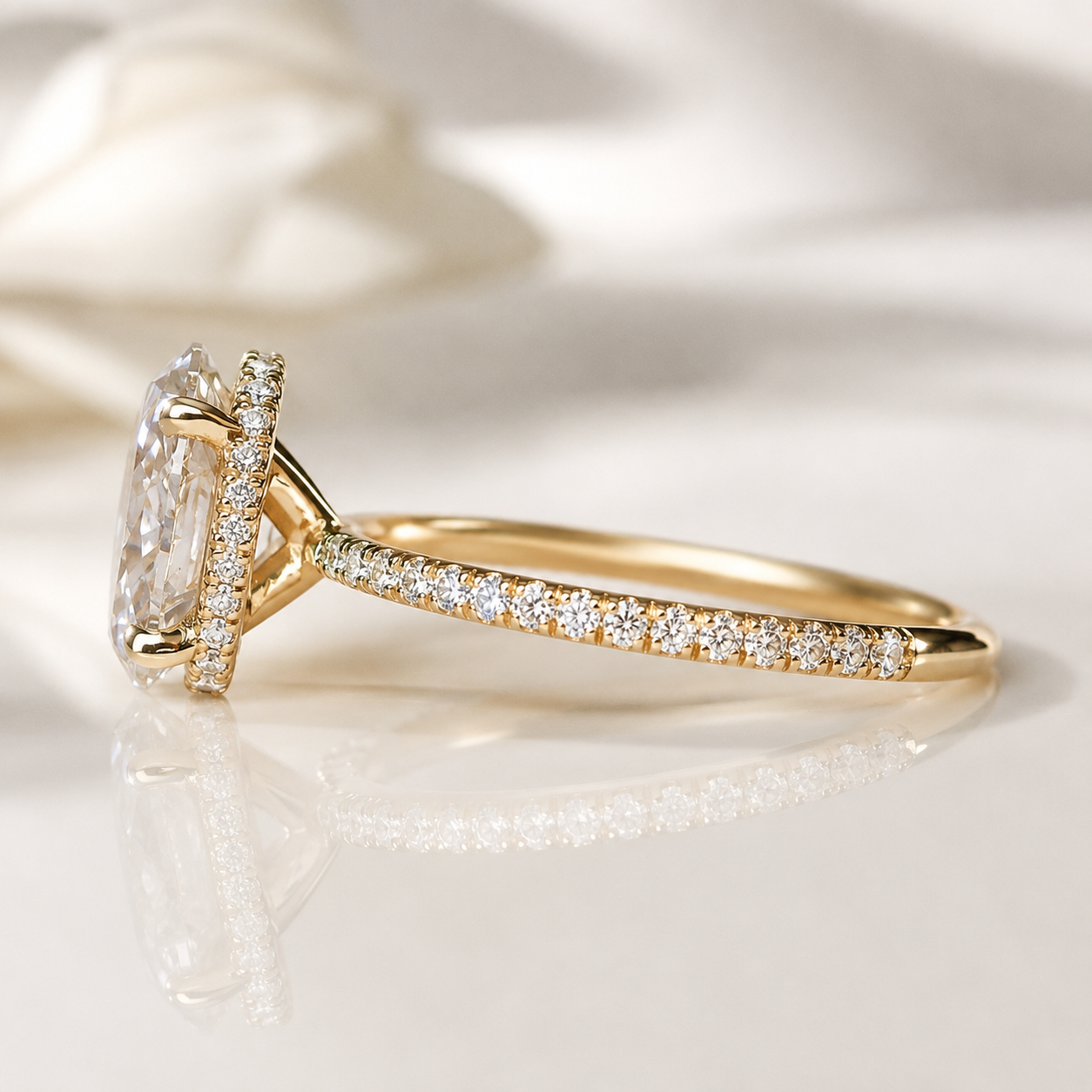 Yellow Gold Engagement Ring Hidden Halo Ring Pave Diamond Ring Band.
