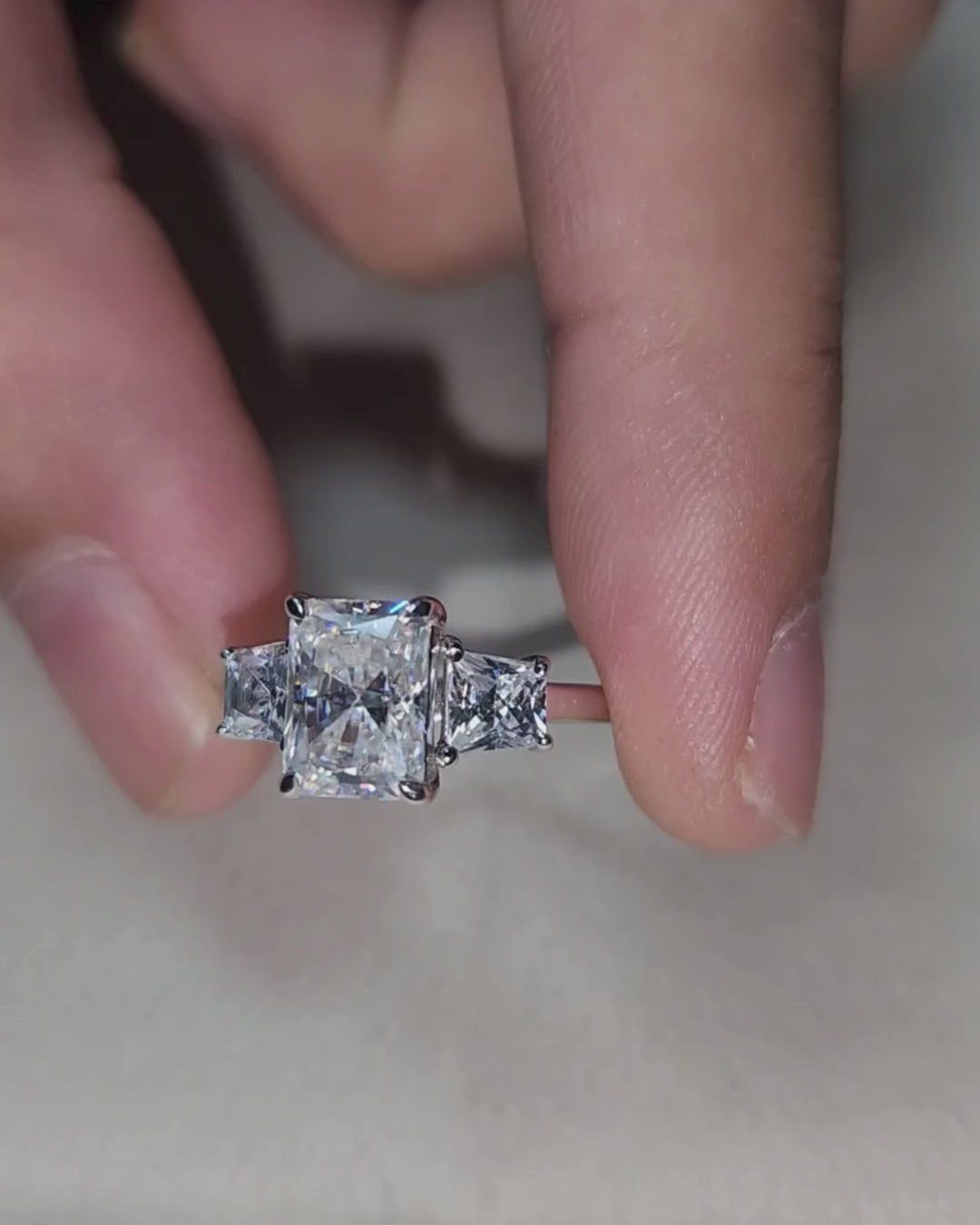 Radiant Cut Three Stone Engagement Ring With 4 Prong