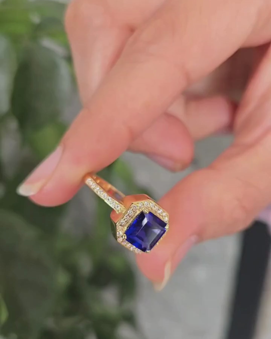 Cushion Cut Sapphire Ring with Pave Band