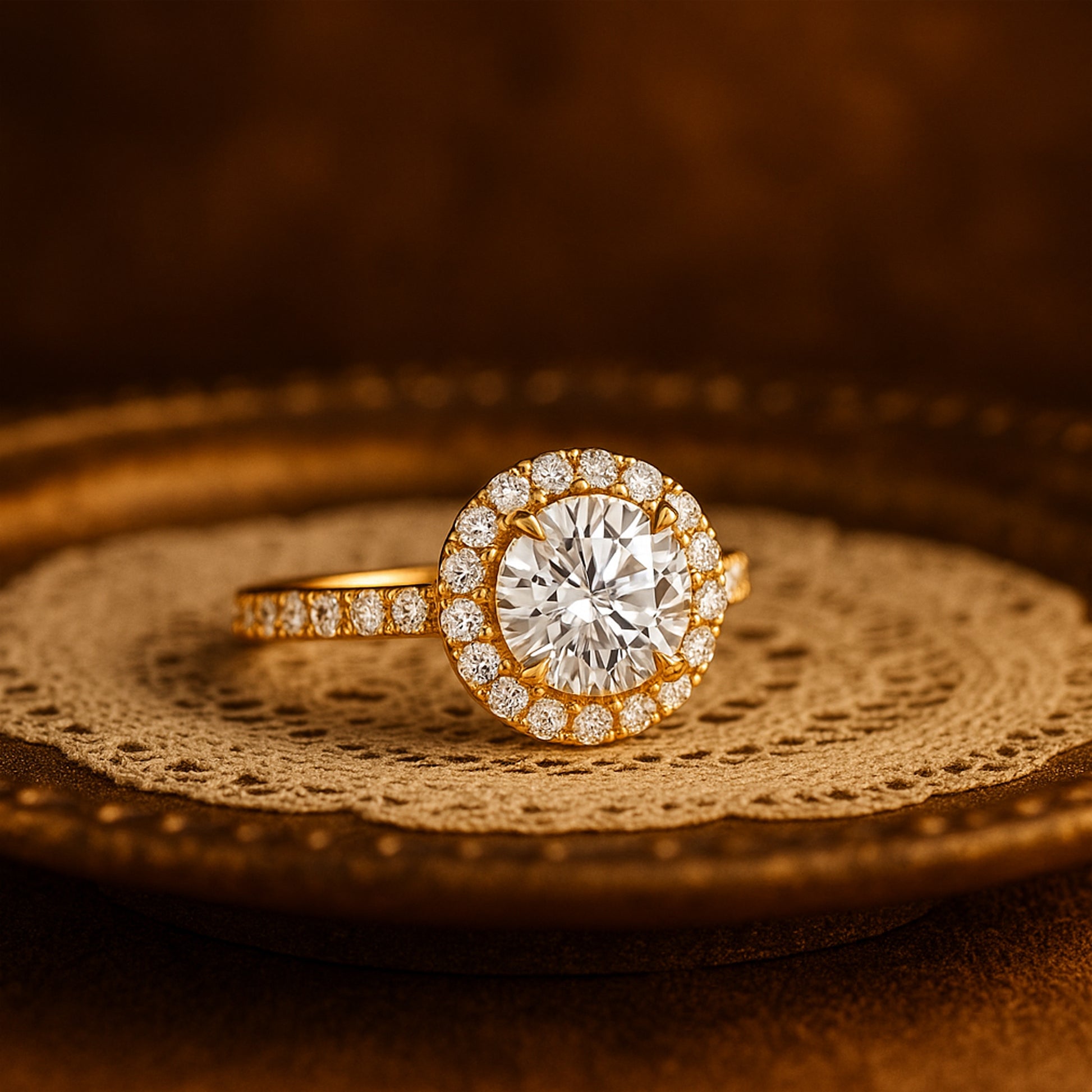 Women's Gold Diamond Wedding Ring - Round Halo Pave Band Design