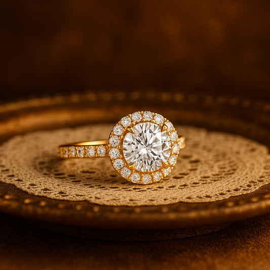 Women's Gold Diamond Wedding Ring - Round Halo Pave Band Design