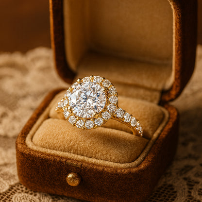 Women's Gold Diamond Wedding Ring - Round Halo Pave Band Design