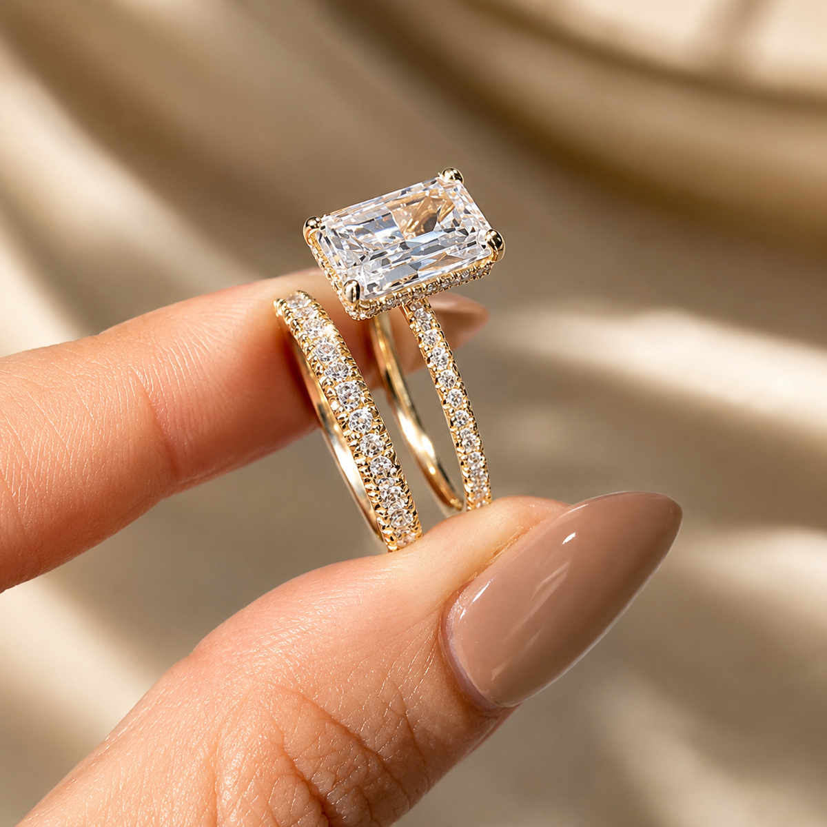 Radiant Cut Engagement Ring Pave Diamond Ring Band Diiro Bridal Set.
