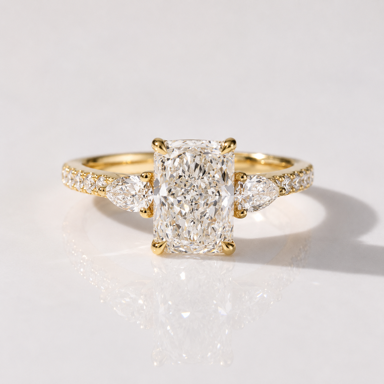 Radiant Cut Diamond Engagement Rings Pave Band Ring Yellow Gold.
