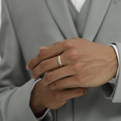 Wedding Ring Male 14K Gold - Three Diamond Stone Band for Men