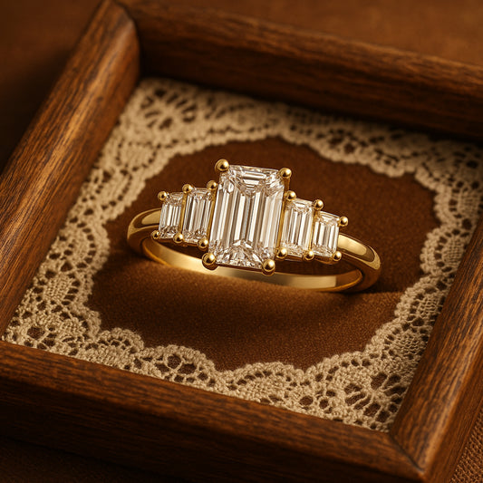 Female Engagement Rings Luxury Emerald Cut Side Baguettes Diamond Ring