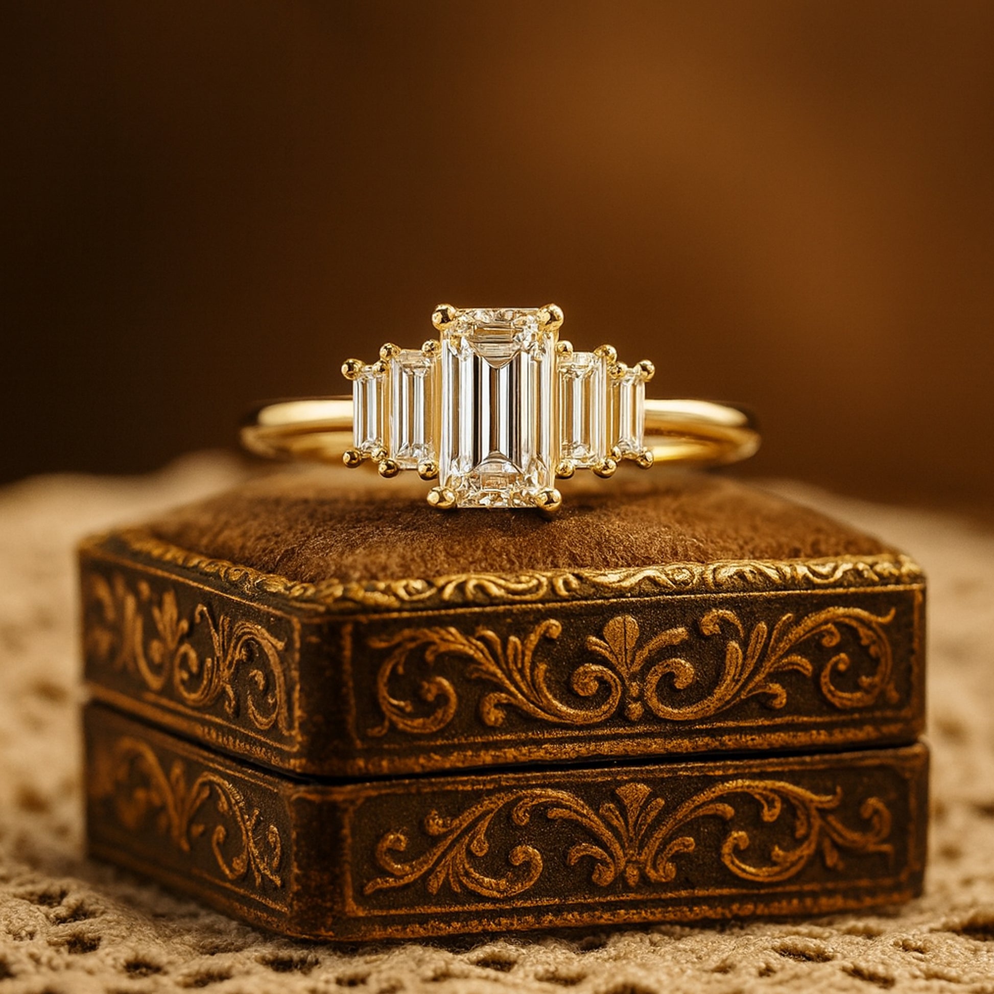 Female Engagement Rings Luxury Emerald Cut Side Baguettes Diamond Ring