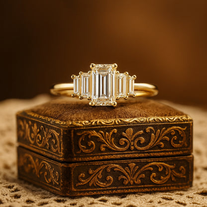 Female Engagement Rings Luxury Emerald Cut Side Baguettes Diamond Ring
