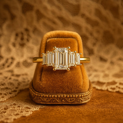 Female Engagement Rings Luxury Emerald Cut Side Baguettes Diamond Ring