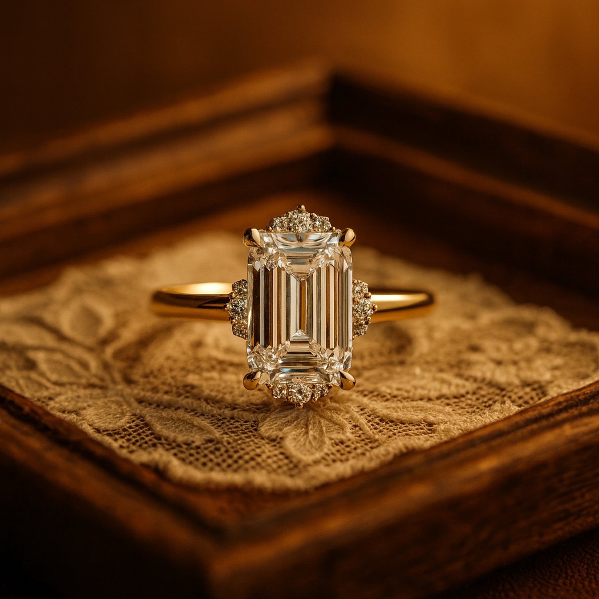 Wedding and Rings Emerald Cut Halo VVS1 Diamonds Bridal 10K Gold Rings