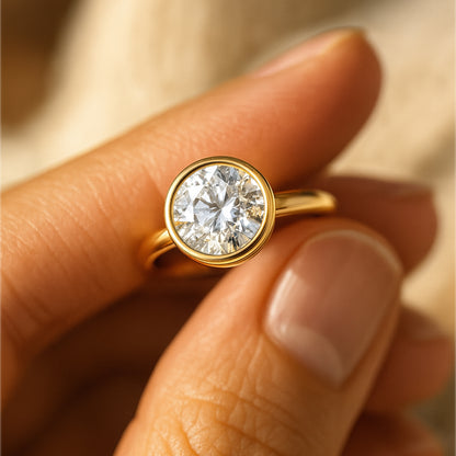 Round Diamond Bezel Engagement Ring - 14K Gold Solitaire Ring