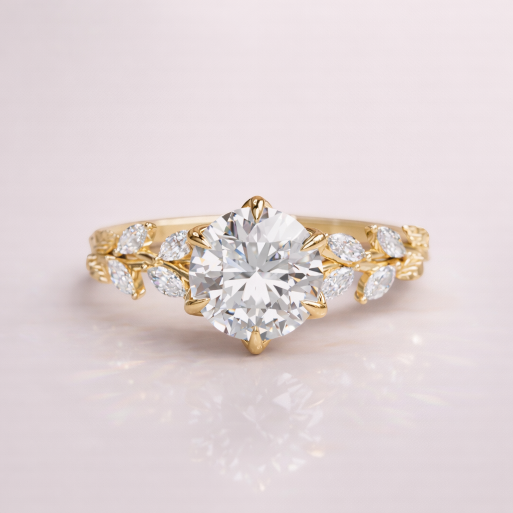 Nature Inspired Engagement Ring With Round Cut Center Stone And Marquise Side Diamonds
