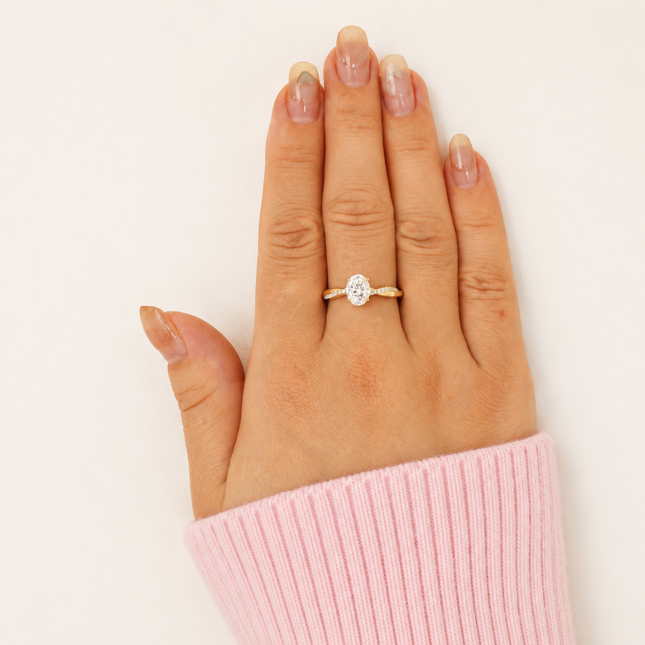 Yellow Gold Engagement Ring Twisted Pave Band Oval Diamond Ring.
