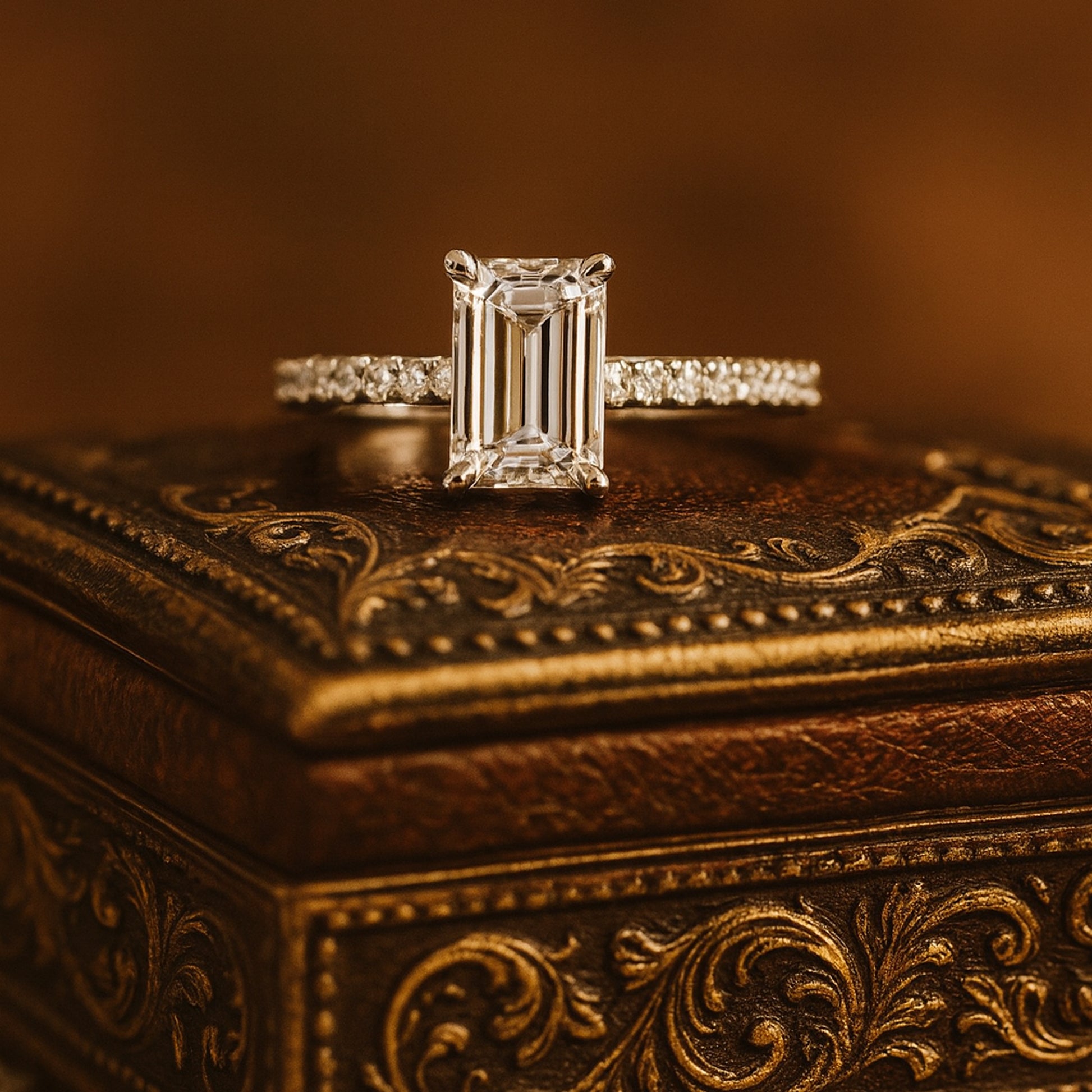 Women Bands Wedding Emerald Cut Diamond Engagement Ring with Pave Band