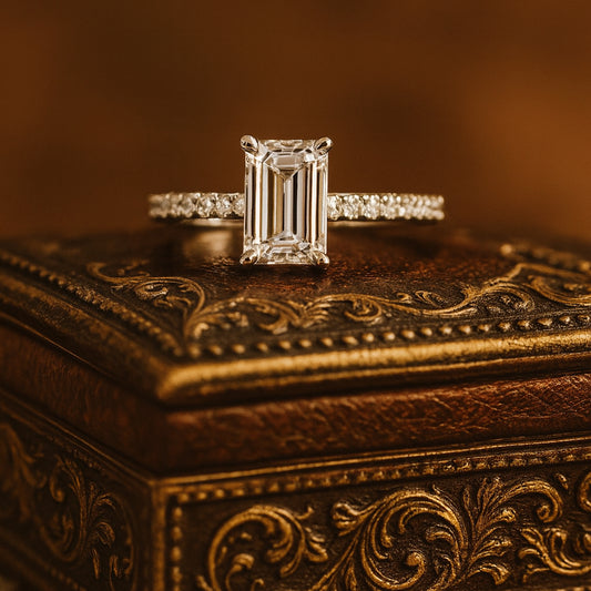 Women Bands Wedding Emerald Cut Diamond Engagement Ring with Pave Band