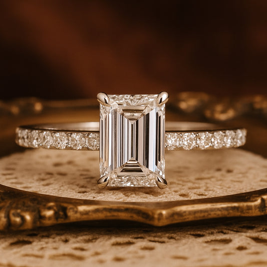 Women Bands Wedding Emerald Cut Diamond Engagement Ring with Pave Band