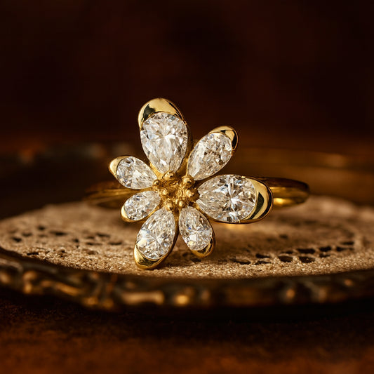 Married Ring Women Floral Diamond Pear Shaped Petals Design Gold Rings