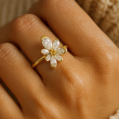 Married Ring Women Floral Diamond Pear Shaped Petals Design Gold Rings