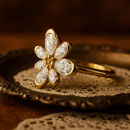 Married Ring Women Floral Diamond Pear Shaped Petals Design Gold Rings