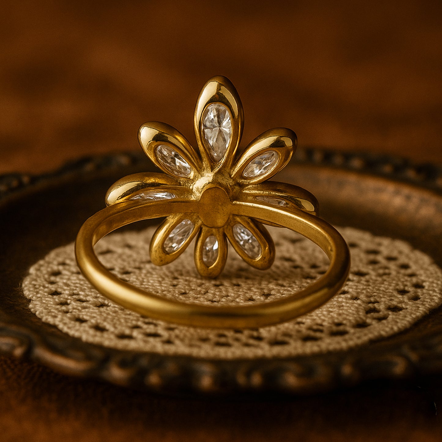 Married Ring Women Floral Diamond Pear Shaped Petals Design Gold Rings