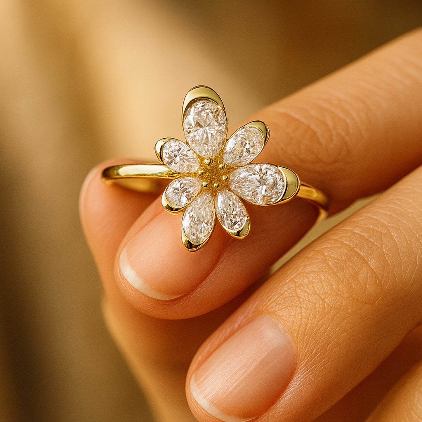 Married Ring Women Floral Diamond Pear Shaped Petals Design Gold Rings