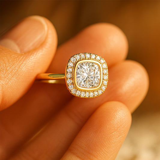 Diamond Halo Wedding Ring - Cushion Cut Center Stone Bridal Set
