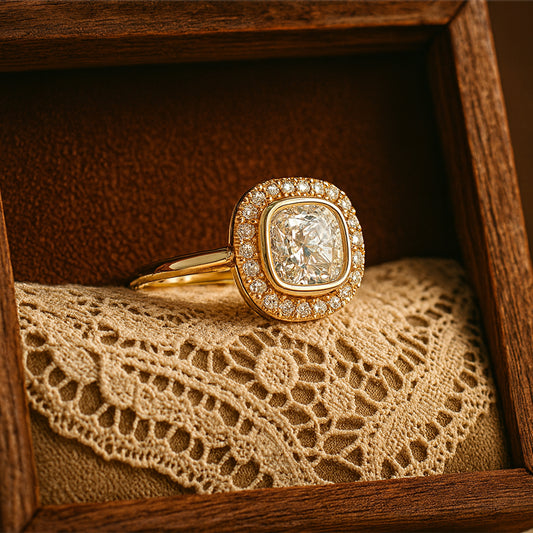 Diamond Halo Wedding Ring - Cushion Cut Center Stone Bridal Set
