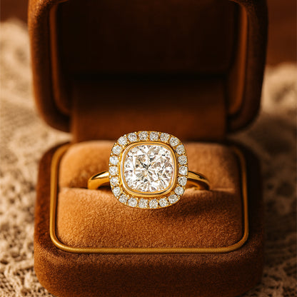 Diamond Halo Wedding Ring - Cushion Cut Center Stone Bridal Set
