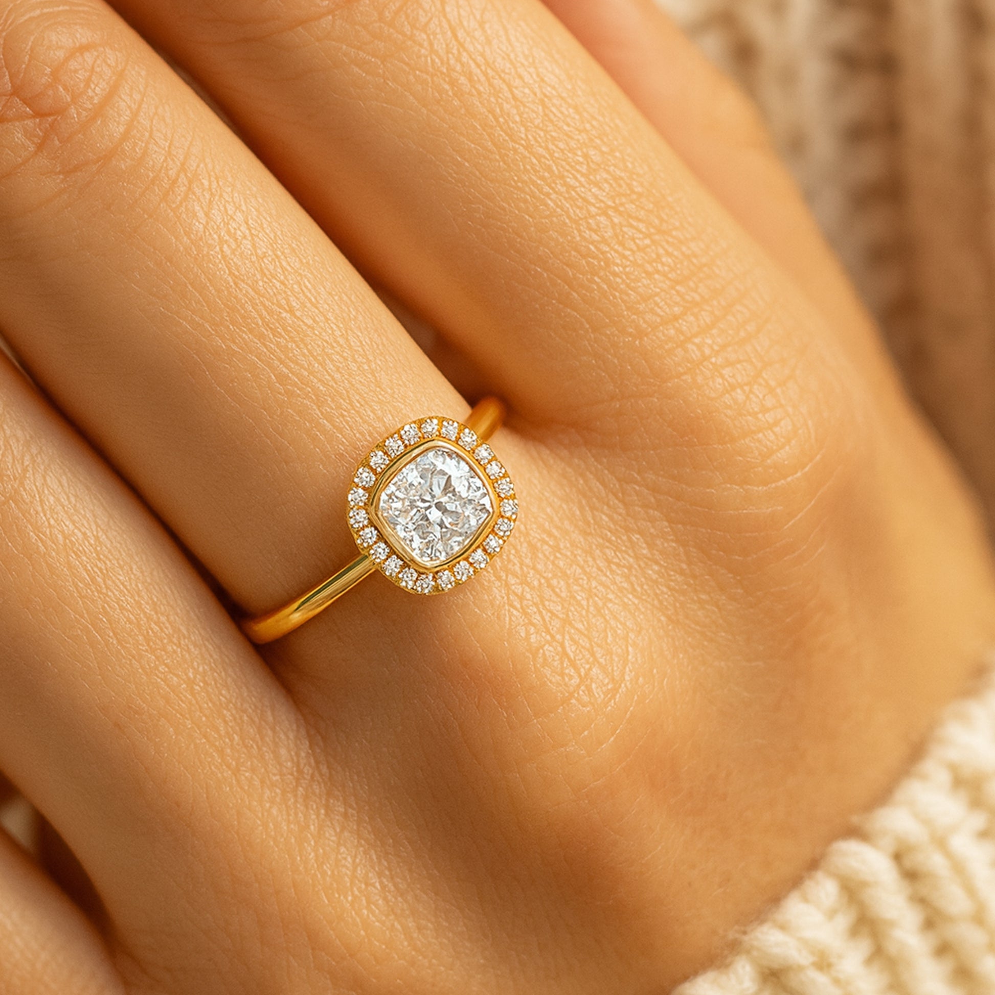 Diamond Halo Wedding Ring - Cushion Cut Center Stone Bridal Set
