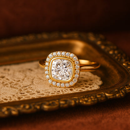 Diamond Halo Wedding Ring - Cushion Cut Center Stone Bridal Set
