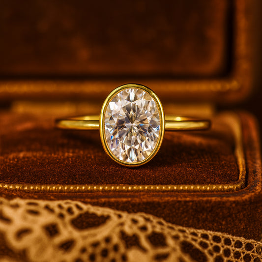 Weddings Bands for Her Brilliant Oval Diamond Bezel Setting Gold Rings