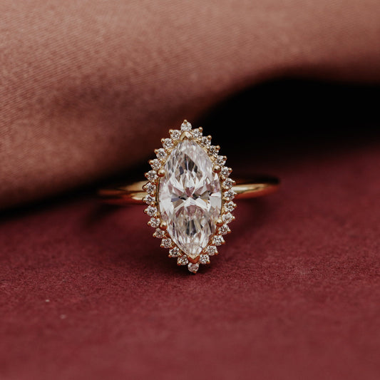 Stunning 14K Yellow Gold Marquise Diamond Halo Solitaire Proposal Ring USA made engagement rings